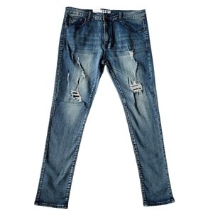Men’s Distressed Vintage Bkue Wash Denim Skinny Jeans